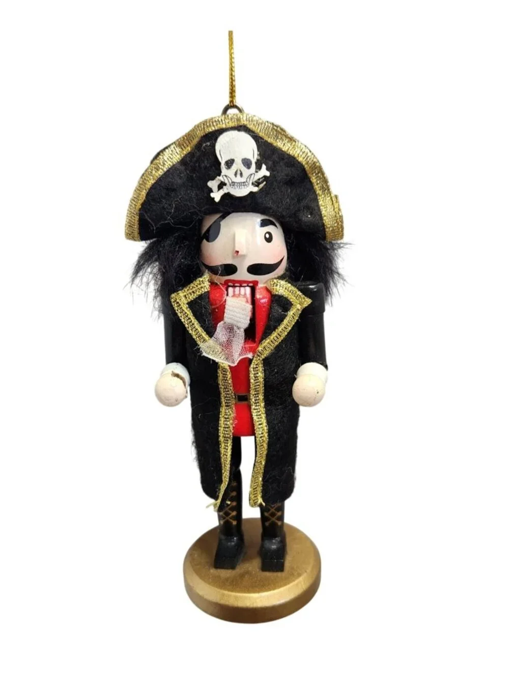 Pirate Nutcracker Christmas Ornament Wooden Black Hat Skull Crossbone Decor READ