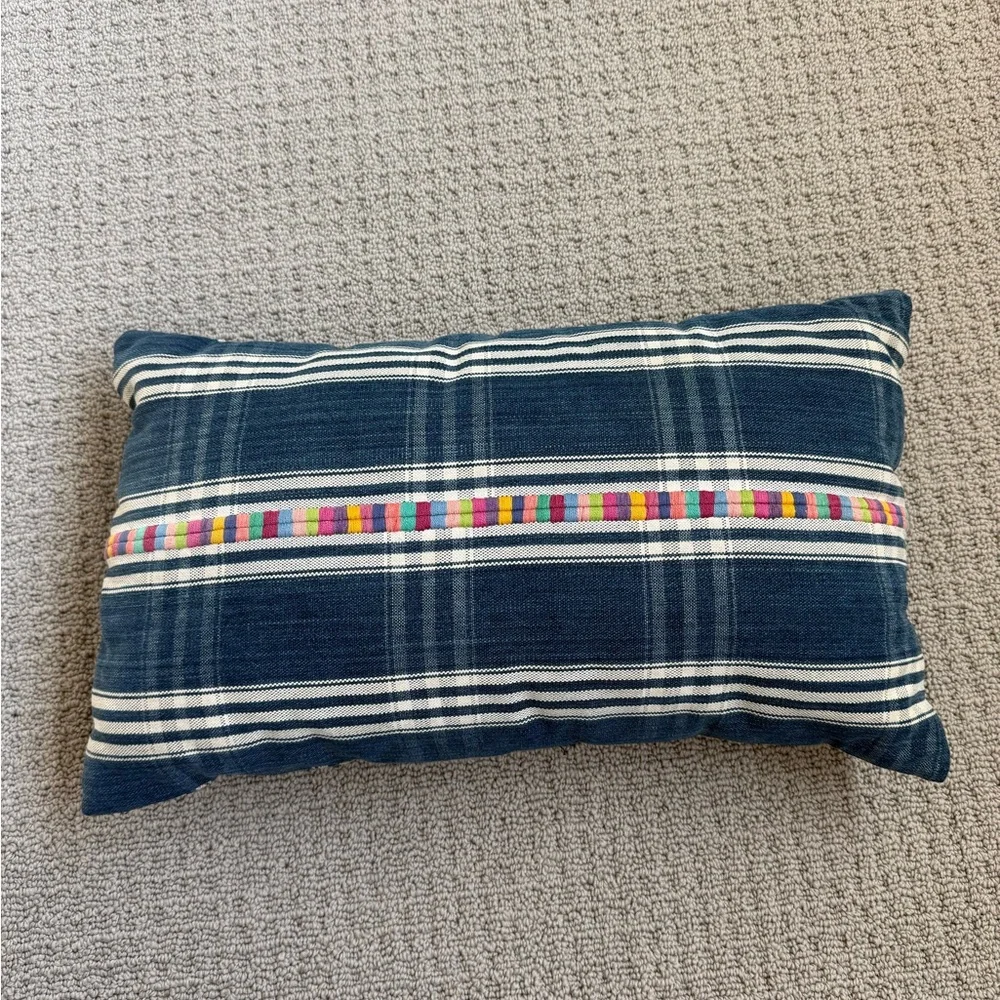 The Little Market Navy Embroidered Lumbar Pillow Boho