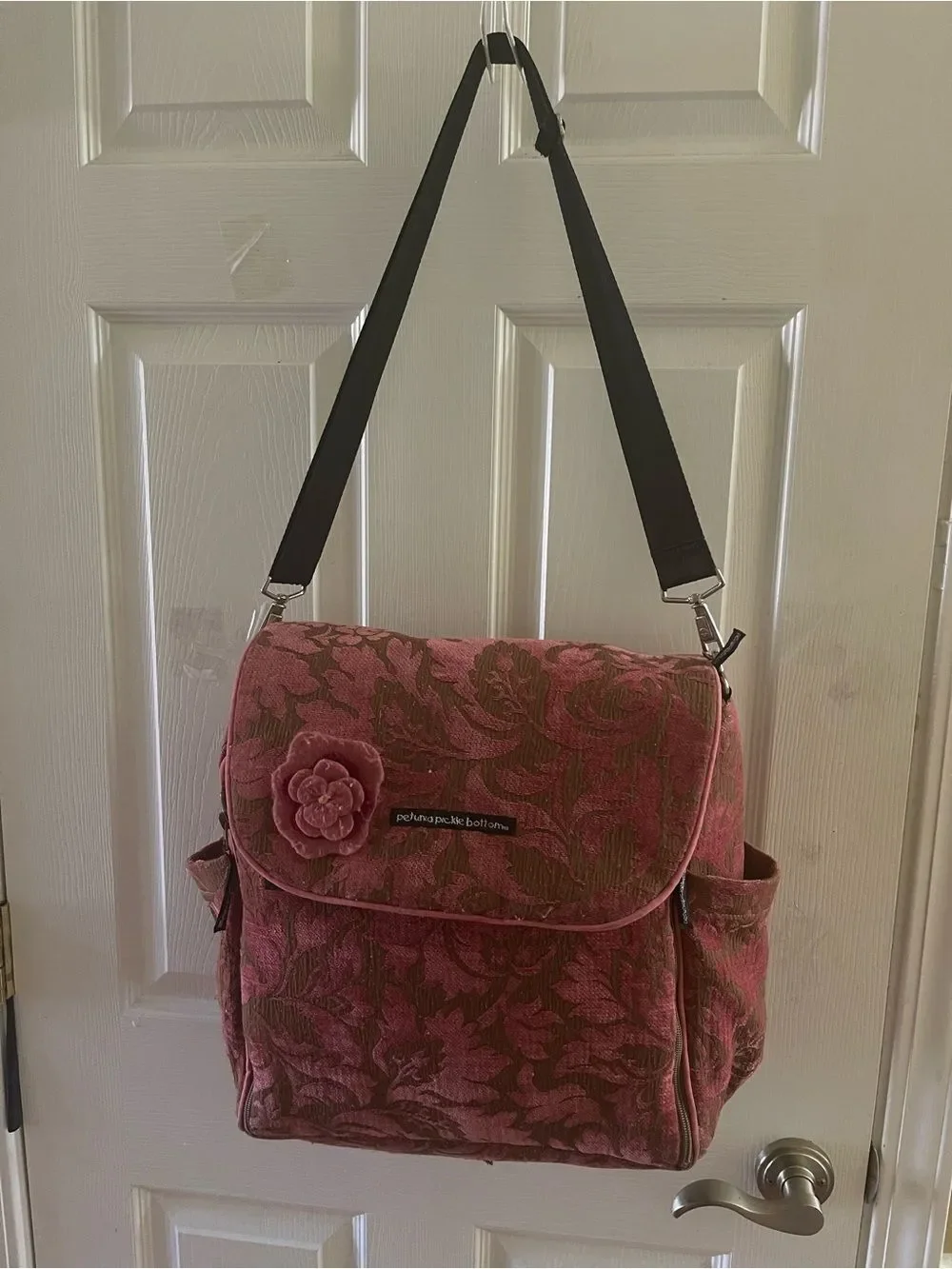 Petunia Pickle Bottom Pink Floral Jacquard Messenger Diaper Bag with Black Strap