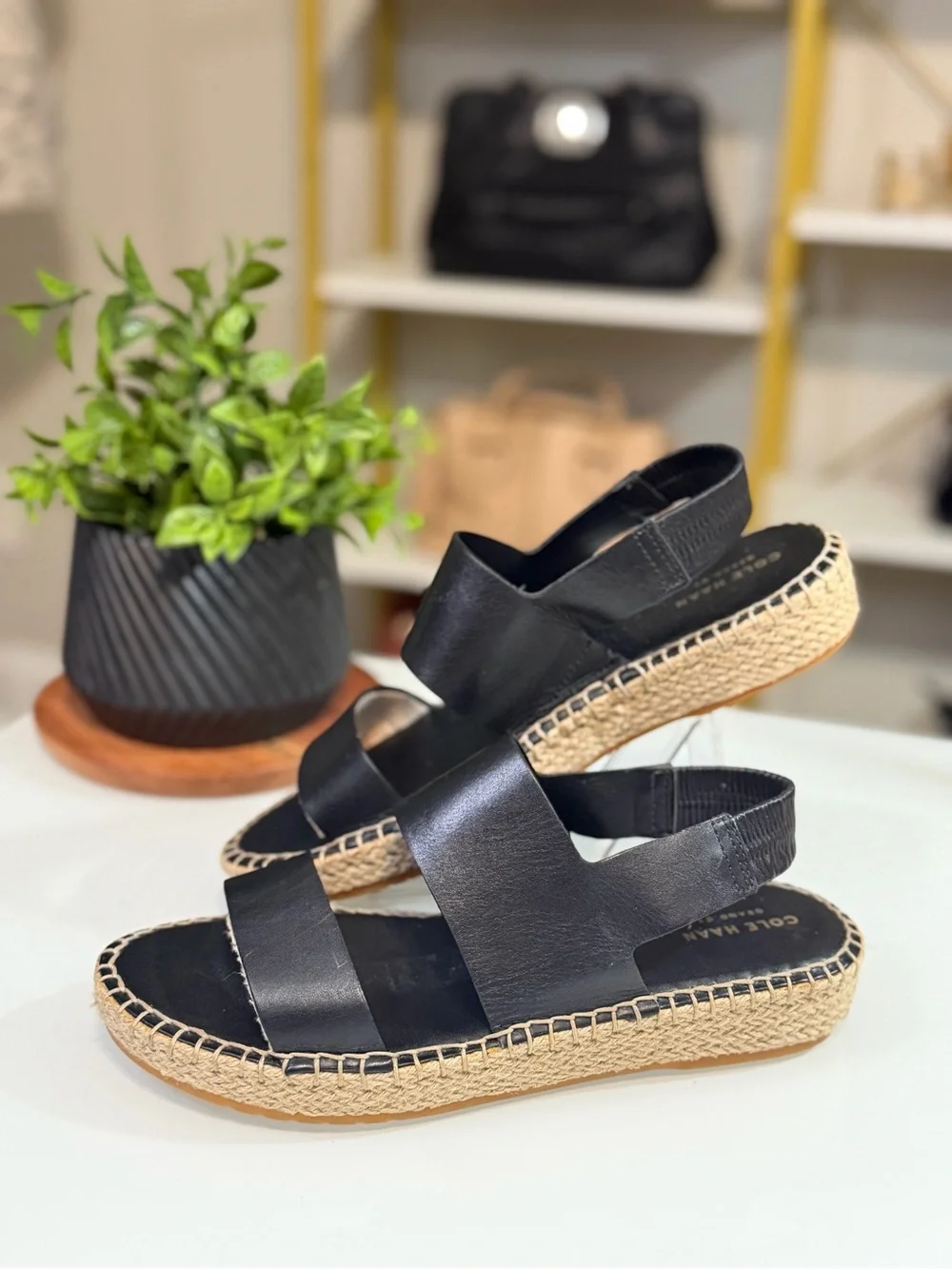 Cole Haan Cloudfeel Tilden Espadrille Sandals Black Leather Size 8
