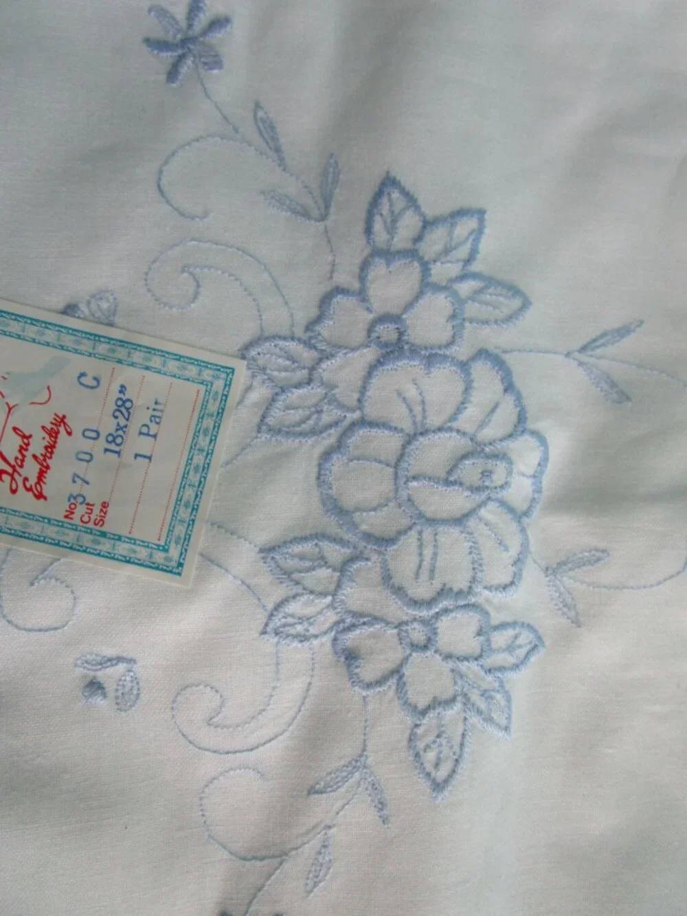 Hand Embroidered White Std Pillowcase Pair Blue Floral Design Scalloped Edges Ne