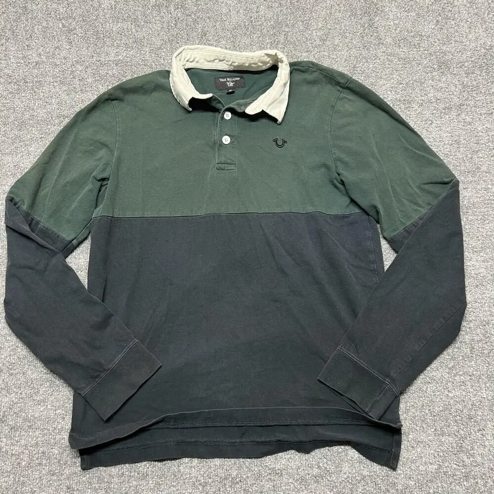 True Religion Rugby Polo Shirt Mens Small Green Blue Colorblock Logo Cotton
