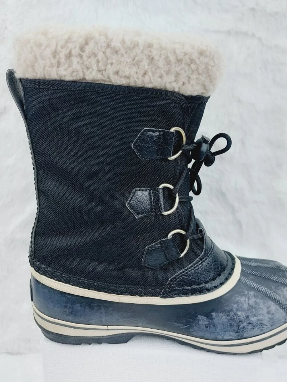 Sorel Girls Black Yoot Pac Nylon Waterproof Fur Trim Lace-Up Snow Boots Size 5