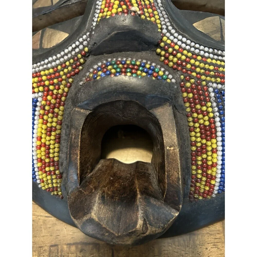 African Beaded Wall Mask Bamileke Style Cameroon Hand Carved Wood Tribal Art