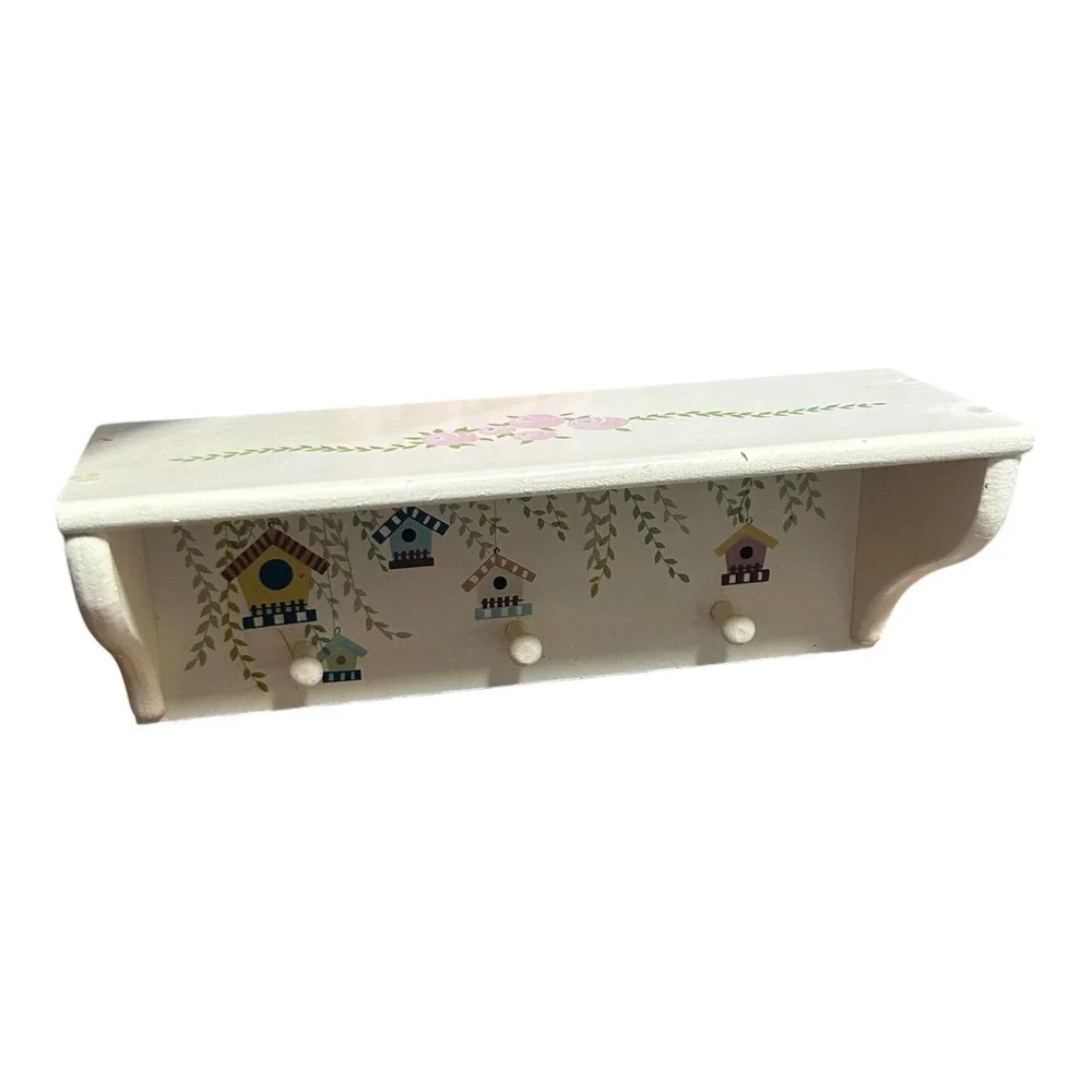 Hand-painted Birdhouse and Floral Peg Hooks Shelf Room Decor