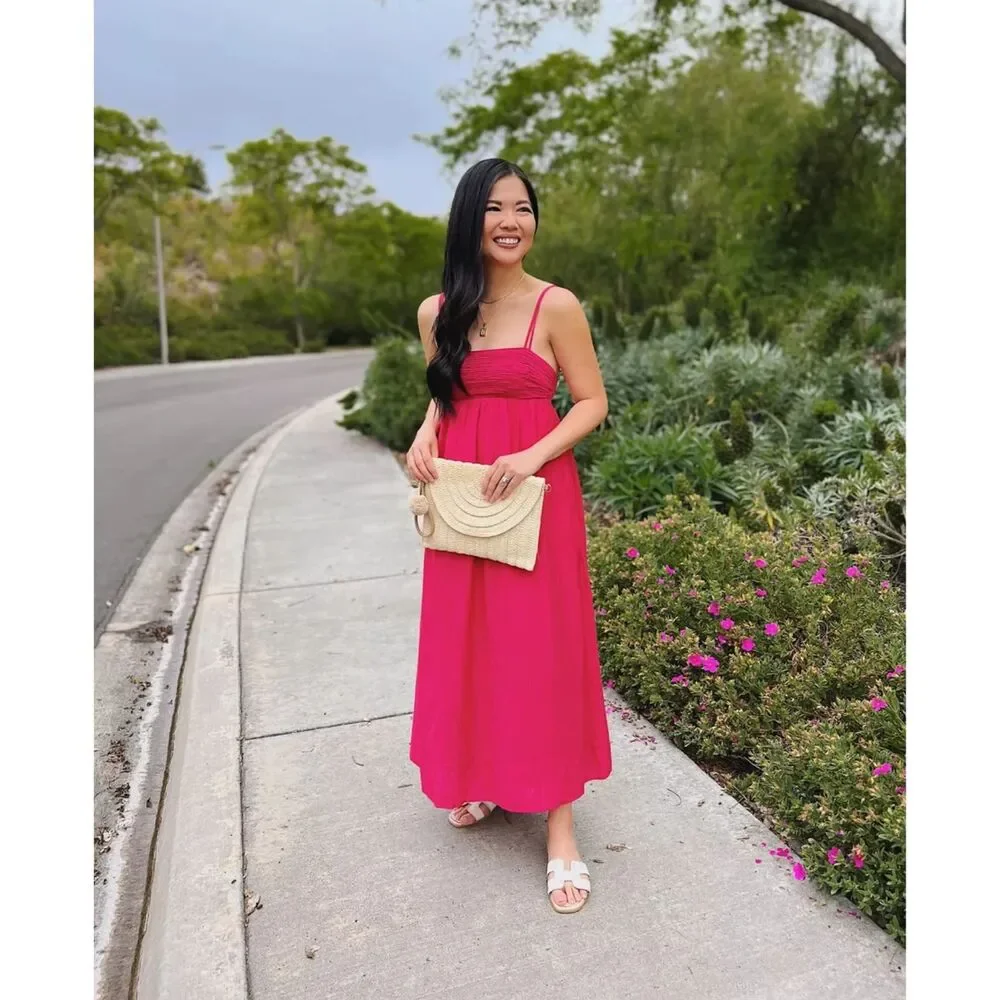 Abercrombie & Fitch Pink Babydoll Crinkle Textured Maxi Dress w/ Pockets Medium