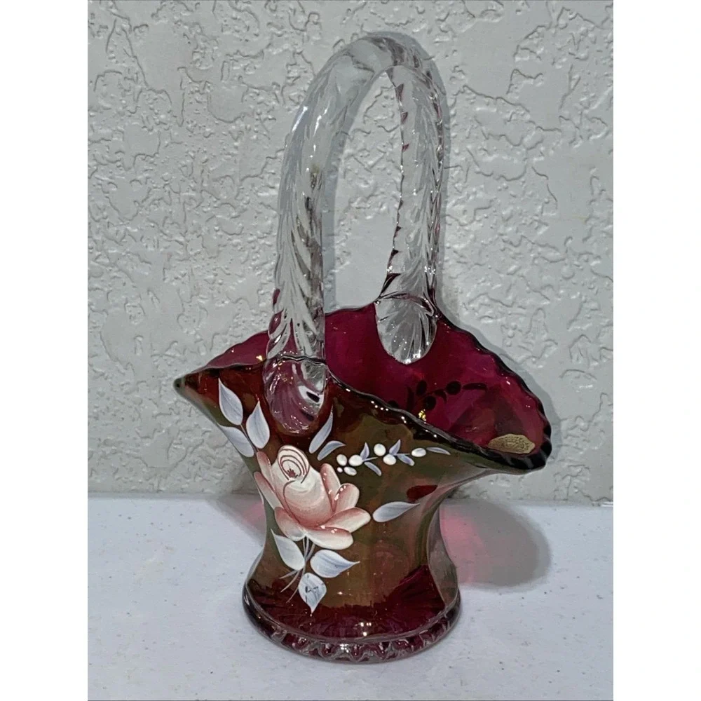 VTG Westmoreland Cranberry Pink Red Glass Basket 7