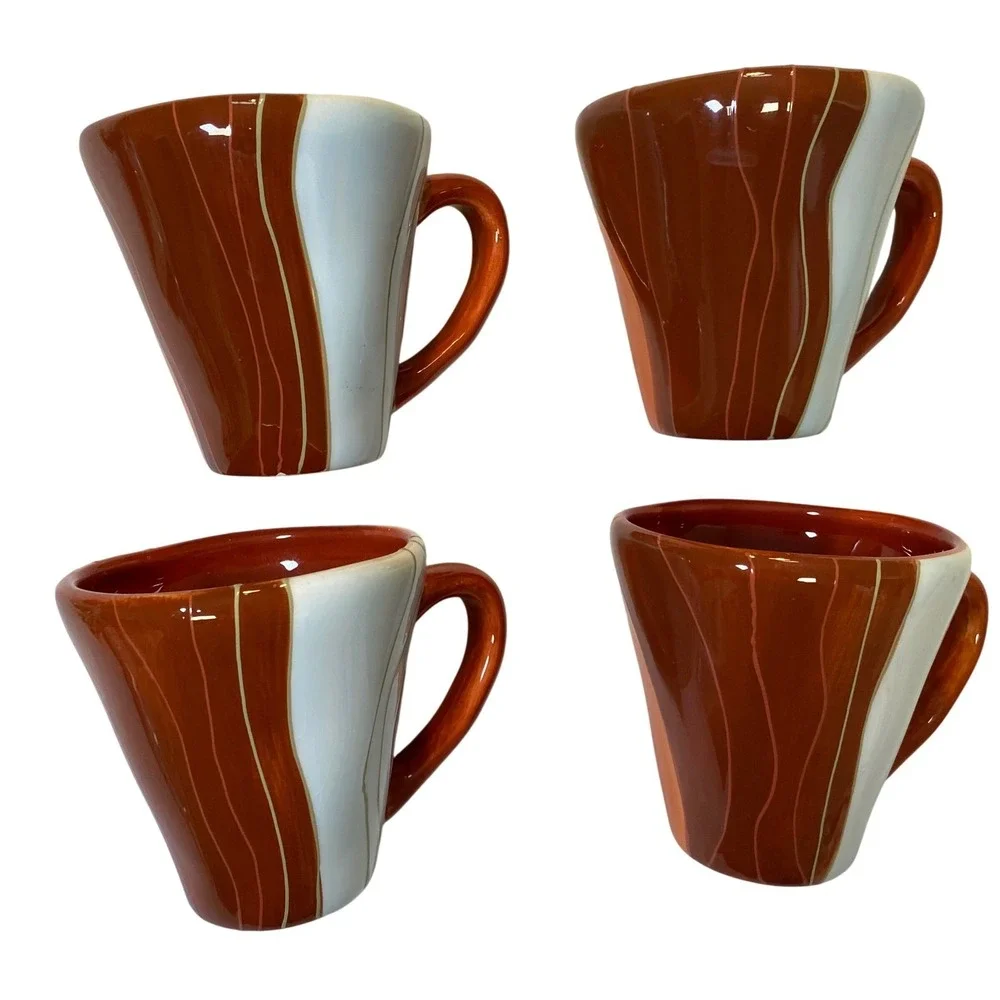 Pier 1 Canyon Stripe Hand Painted Earthenware Mug Set Orange White 4pc‎