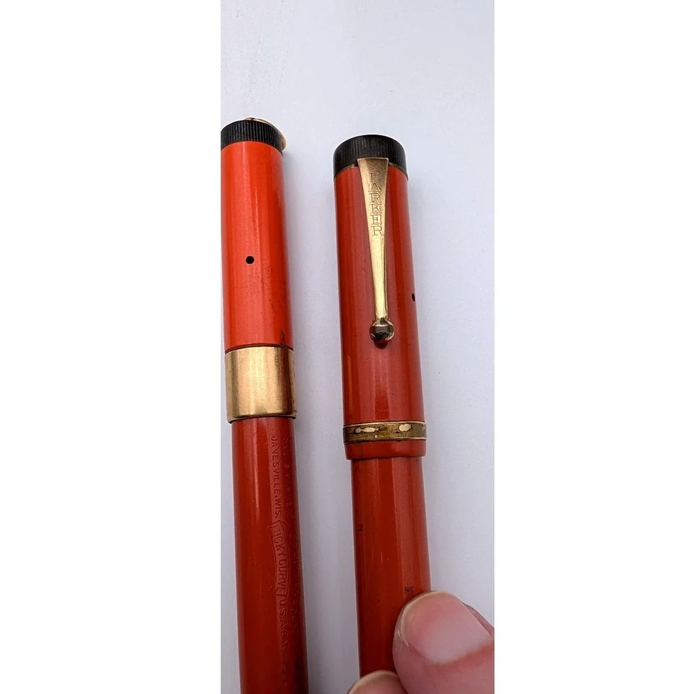 Vintage Parker Duofold Lucky Curve Fountain Pen Set Orange Hard Rubber Gold Trim