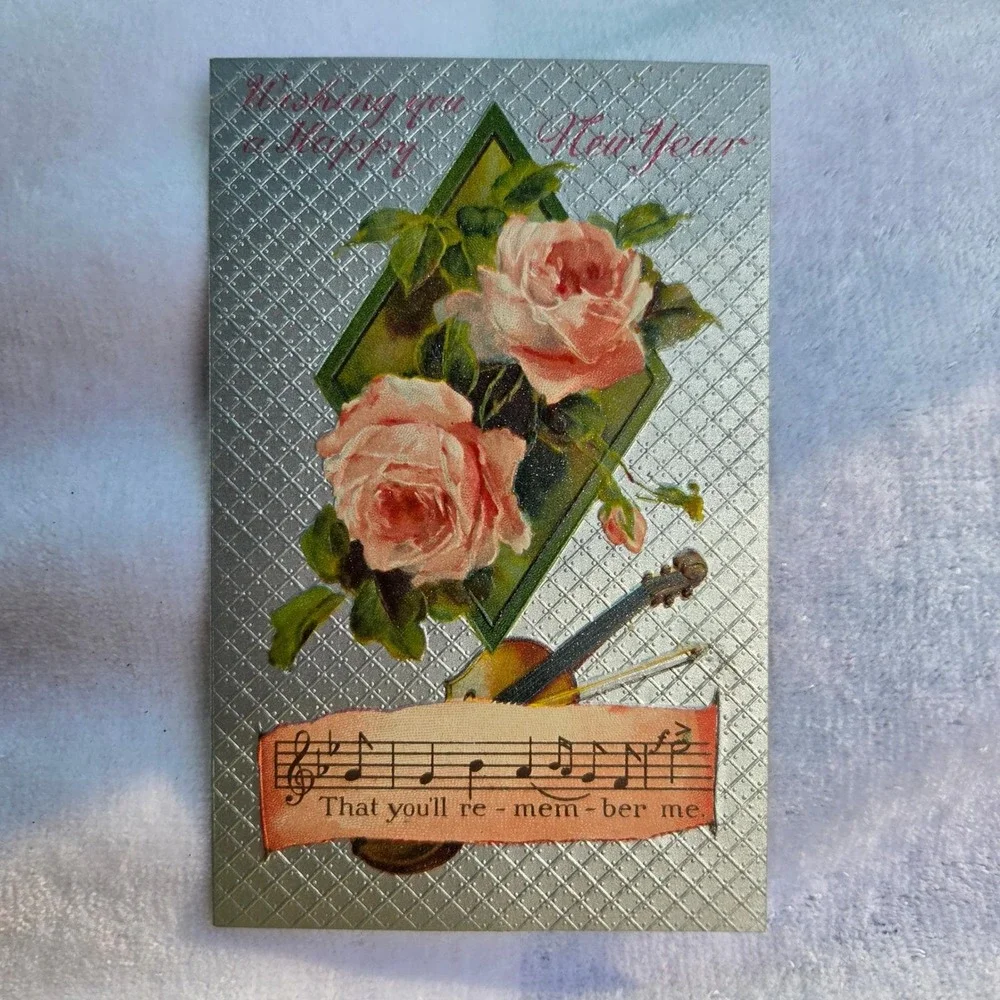Antique 1909 New‎ Year Postcard Roses Violin Music International Art Publ Co.