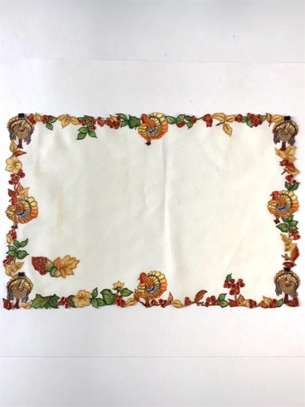 Vintage Thanksgiving Centerpiece Placemat Textured Cut-Out Edge Turkeys Leaves