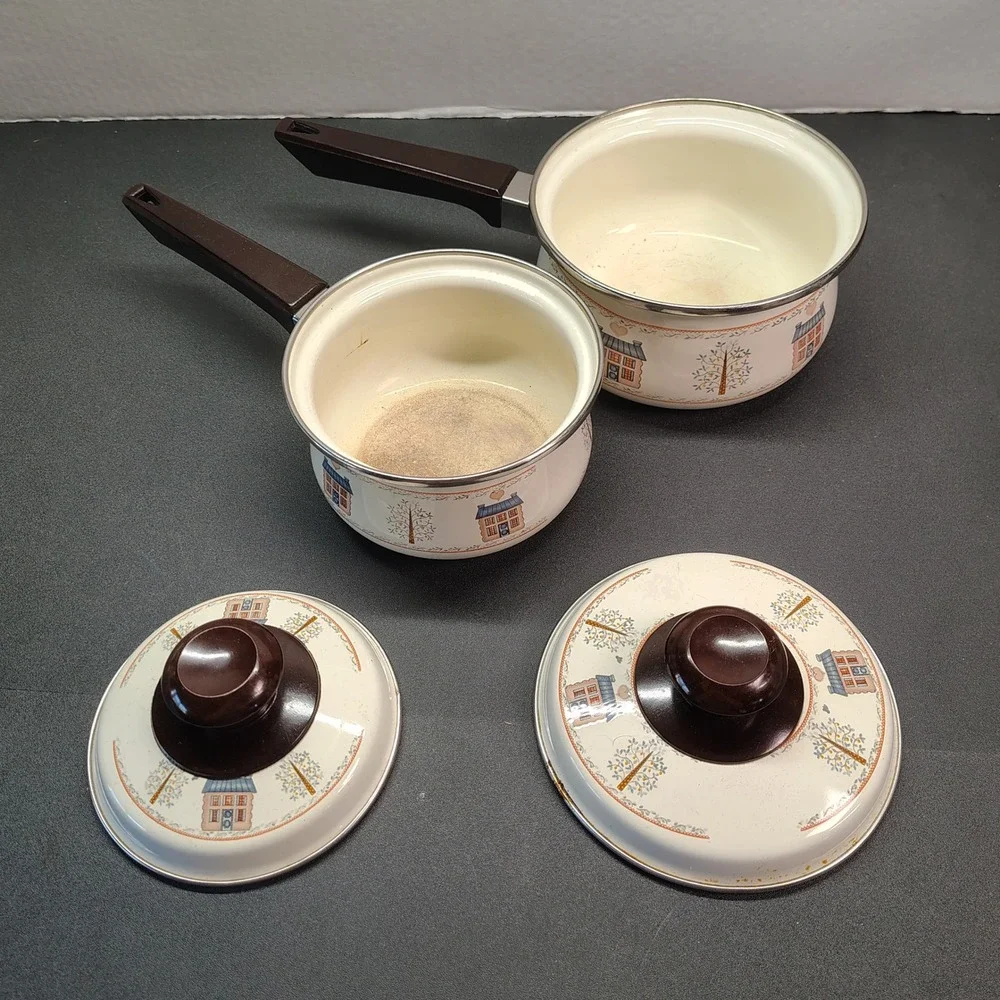 Vintage Rare Enamel Saucepan Set (Cottagecore Country House)