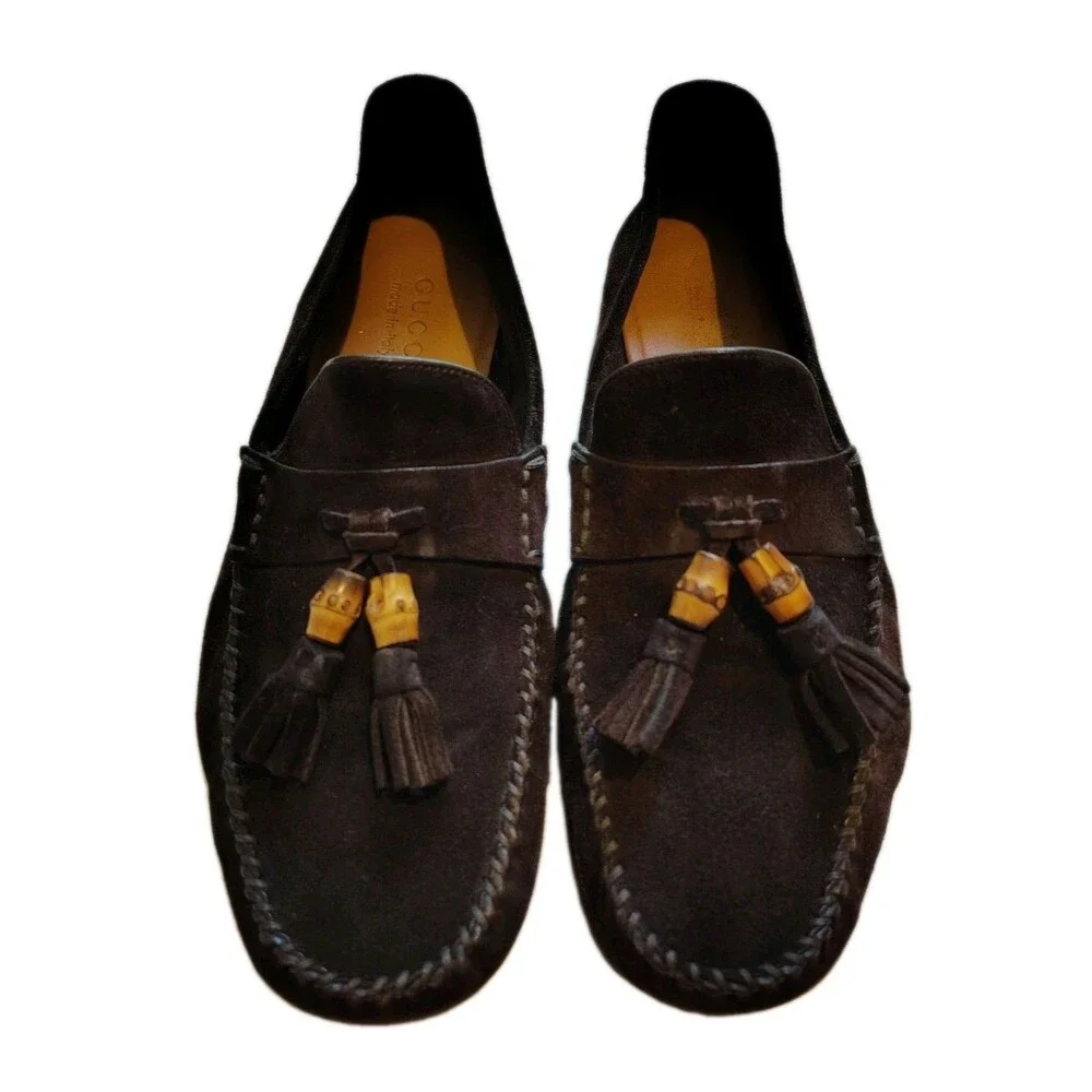 GUCCI Dark Brown Suede Bamboo Tassel Drivers Loafers Mens Size 7.5 D Made in...