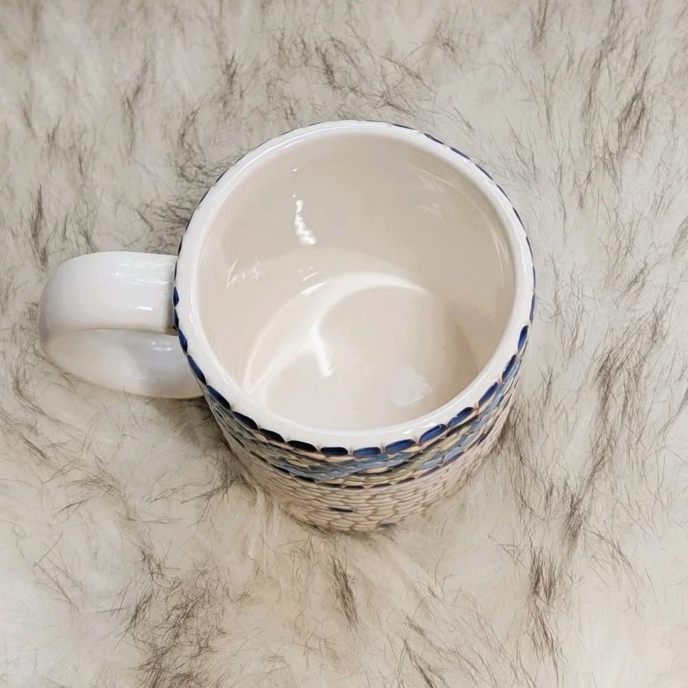 Pottery Barn Mosaic Wave Mug Coffee Cup White Blues Green