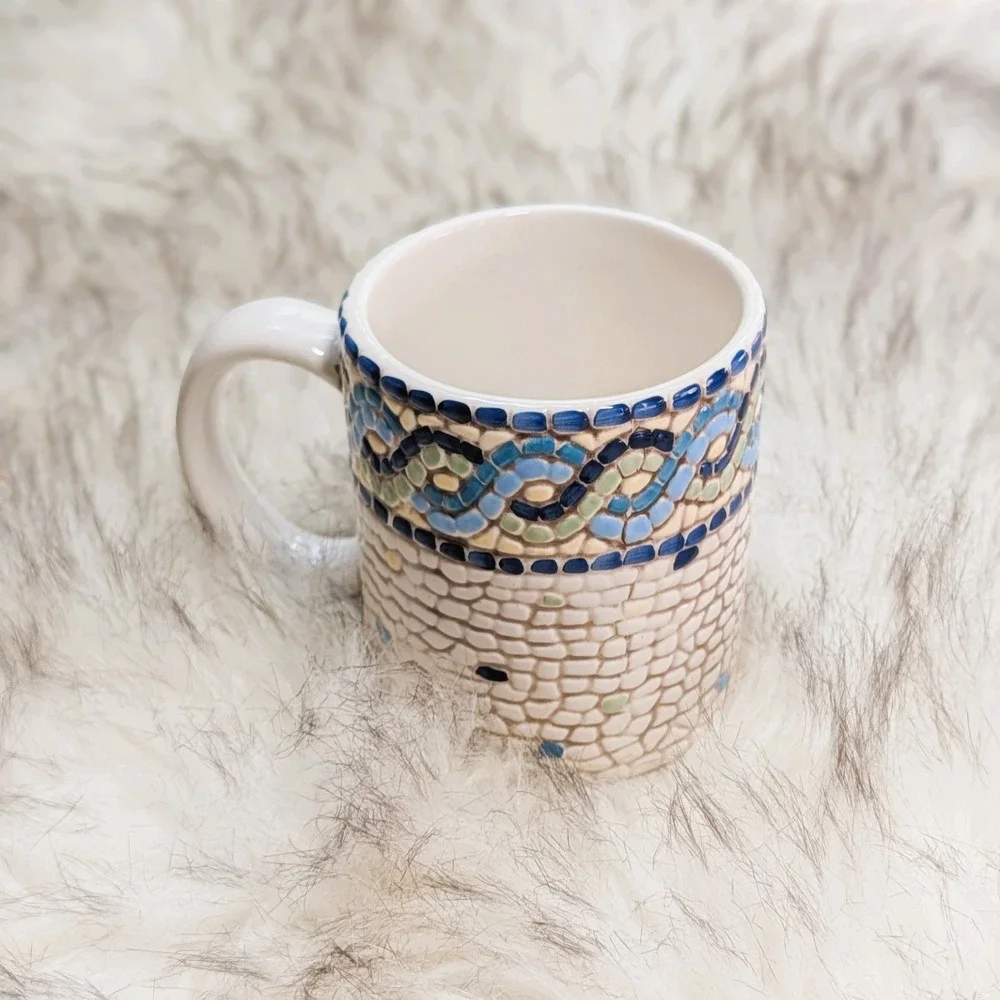 Pottery Barn Mosaic Wave Mug Coffee Cup White Blues Green