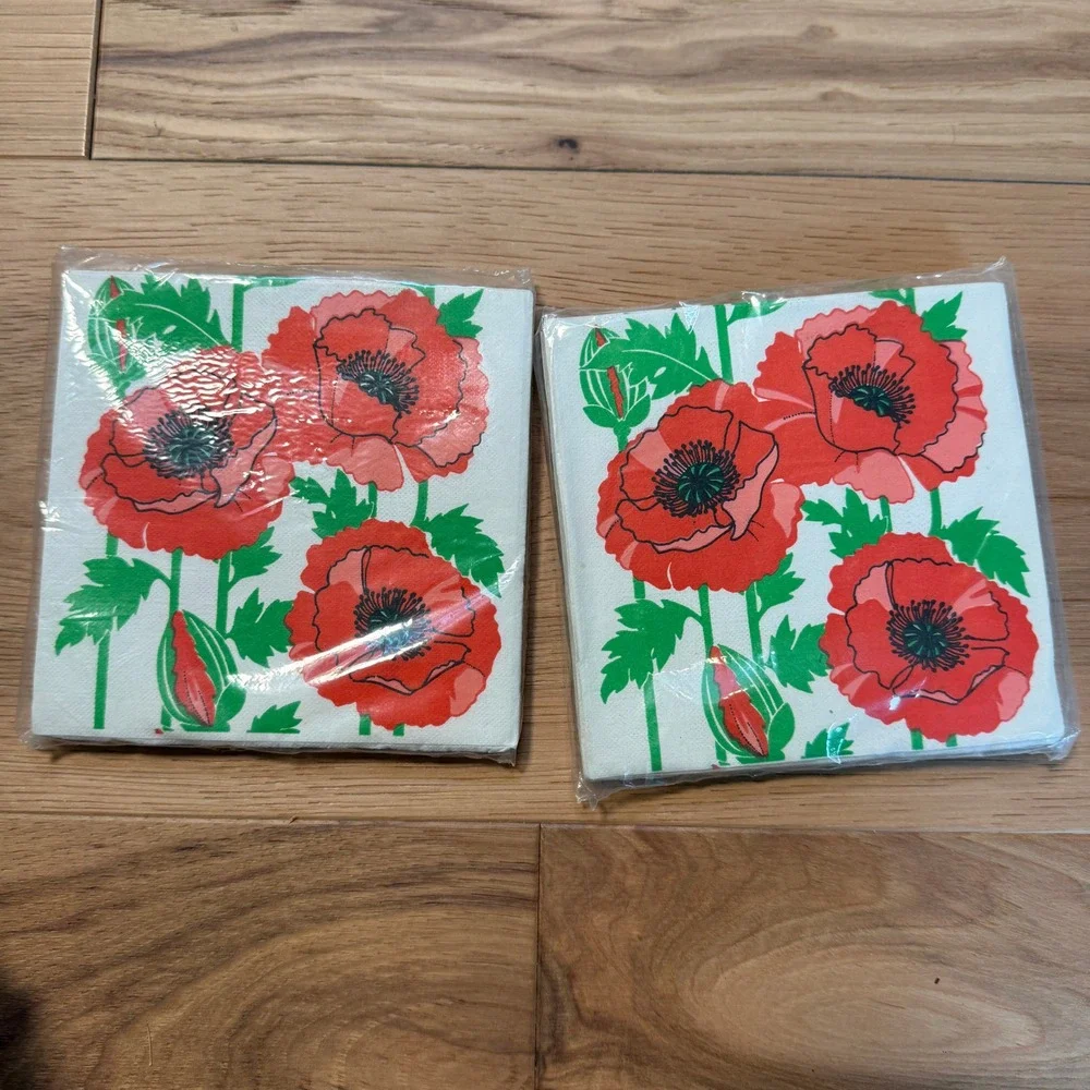 Gift GiversCost Plus Cocktail Napkins 5x5 Red Poppy Floral Vintage 2pk 80s