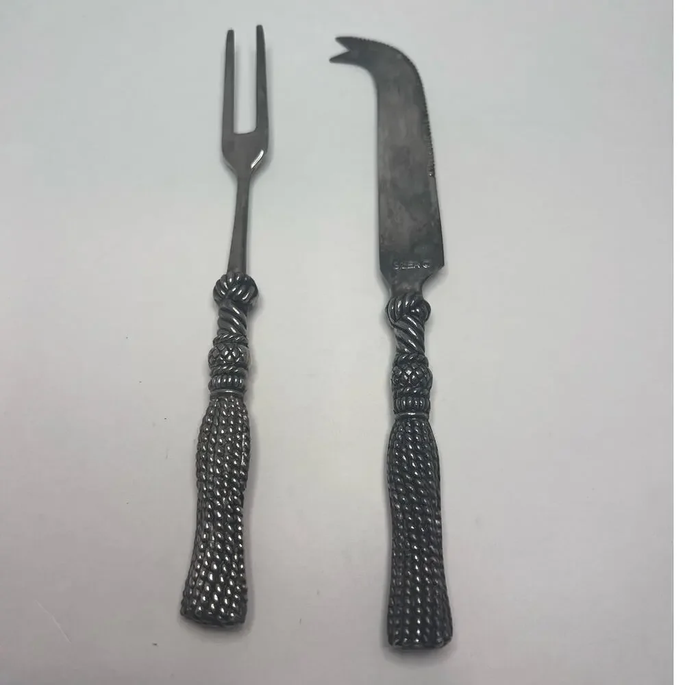 Silea Silver Vintage 80s Cheese Serving Set Knife & Fork Braided Cord Set of 2