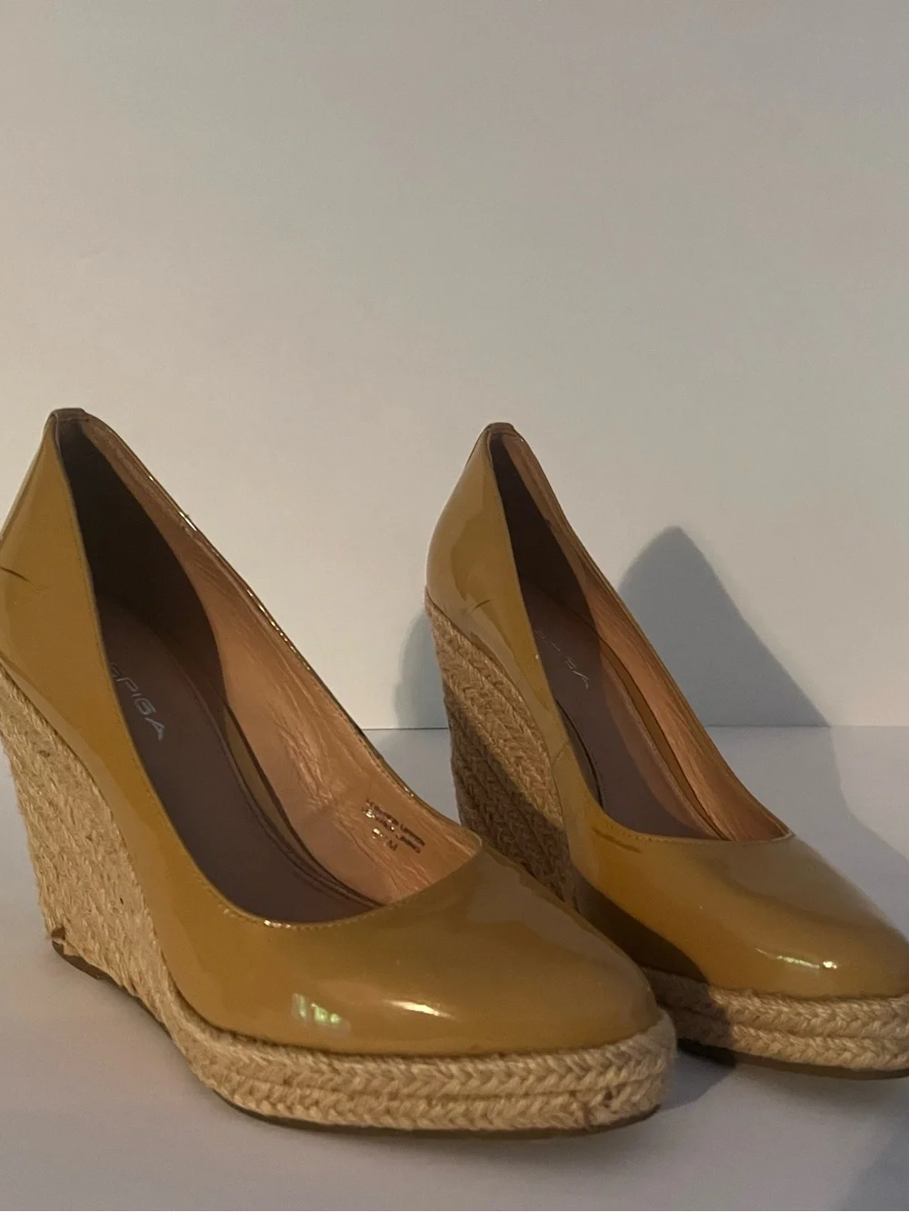 Via Spiga Mustard Patent Espadrille Wedge Pumps