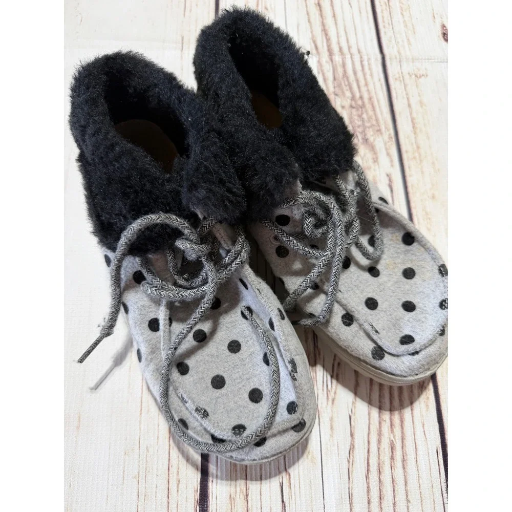 Hey Dude Youth Size 3 Grey Polka Dot‎ Faux Fur Lined Slip On Loafers Shoes