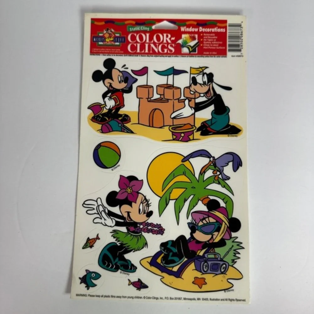 Vtg Color Cling Disney Mickey's Stuff Static‎ Window Decals MICKEY 90s beach