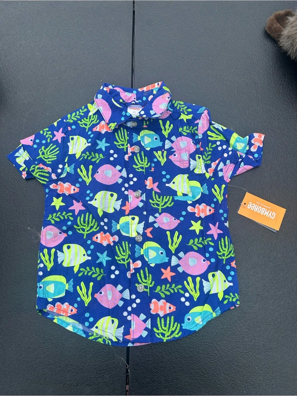 Gymboree Navy Short Sleeve Fish Button-Down Shirt with Bright Sea Motifs