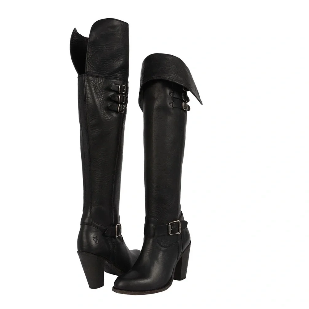 Frye Jenny Belted Over the Knee Black Leather Buckle Boots