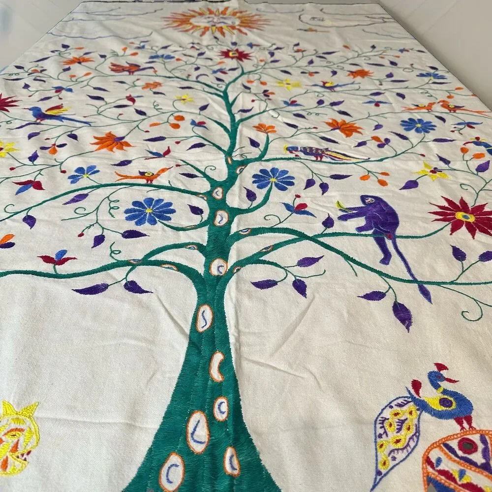 10000 Villages Tree Of Life Embroidered Tablecloth New w Tags 57 x 82 Inch