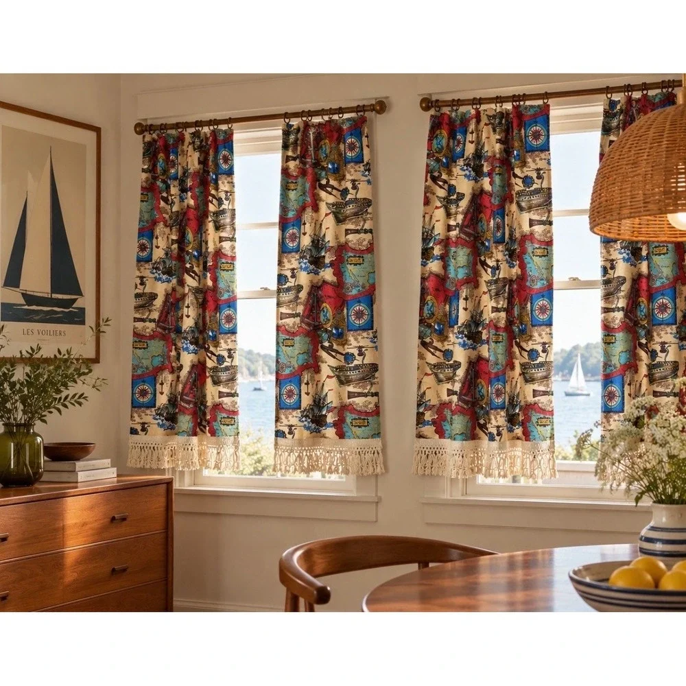Vintage JC Penny Nautical Map Curtains 2 Panels Folk Art Americana 27x50
