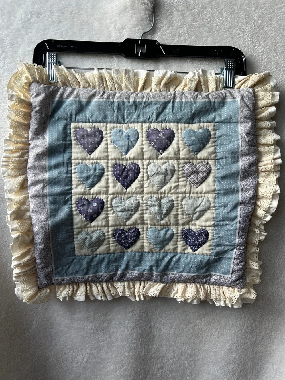 Vintage 80’s quilted patchwork heart pillow cover sham with lace ruffle