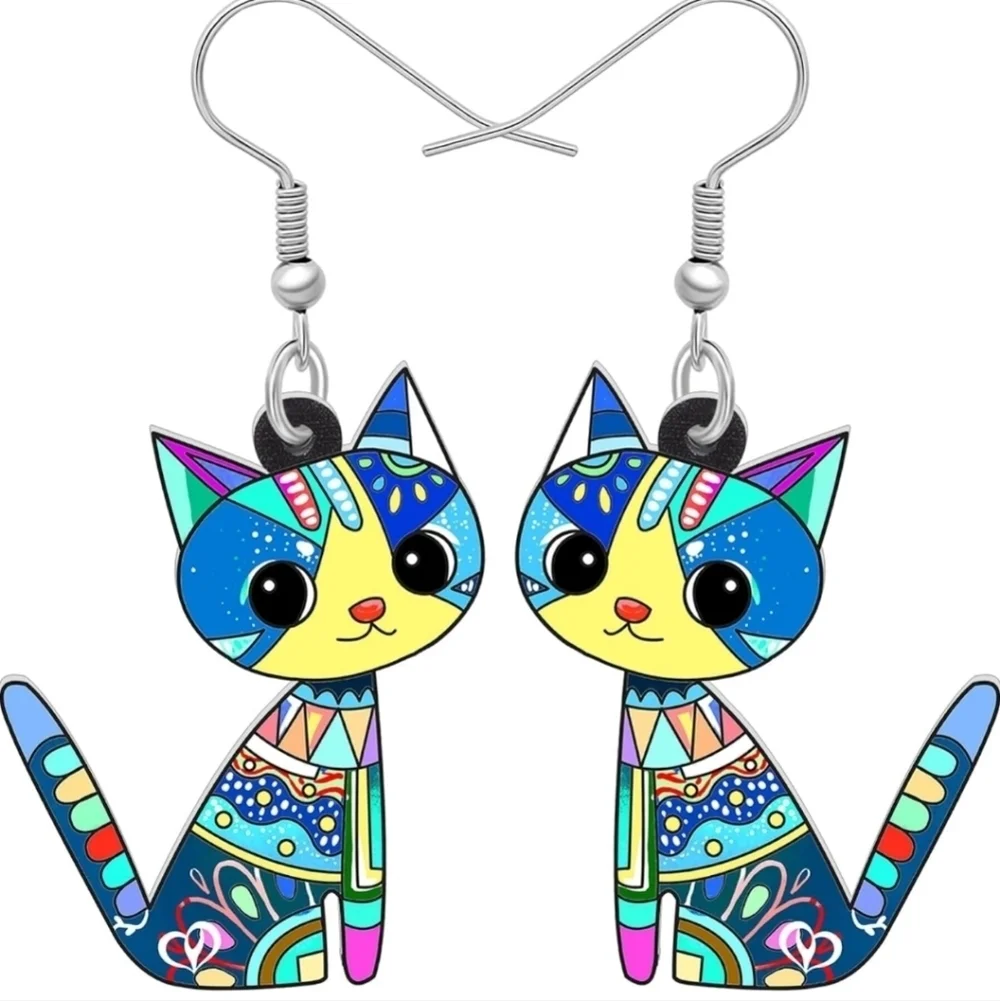 Whimsical Green and Blue Cat Earrings with Expressive Eyes