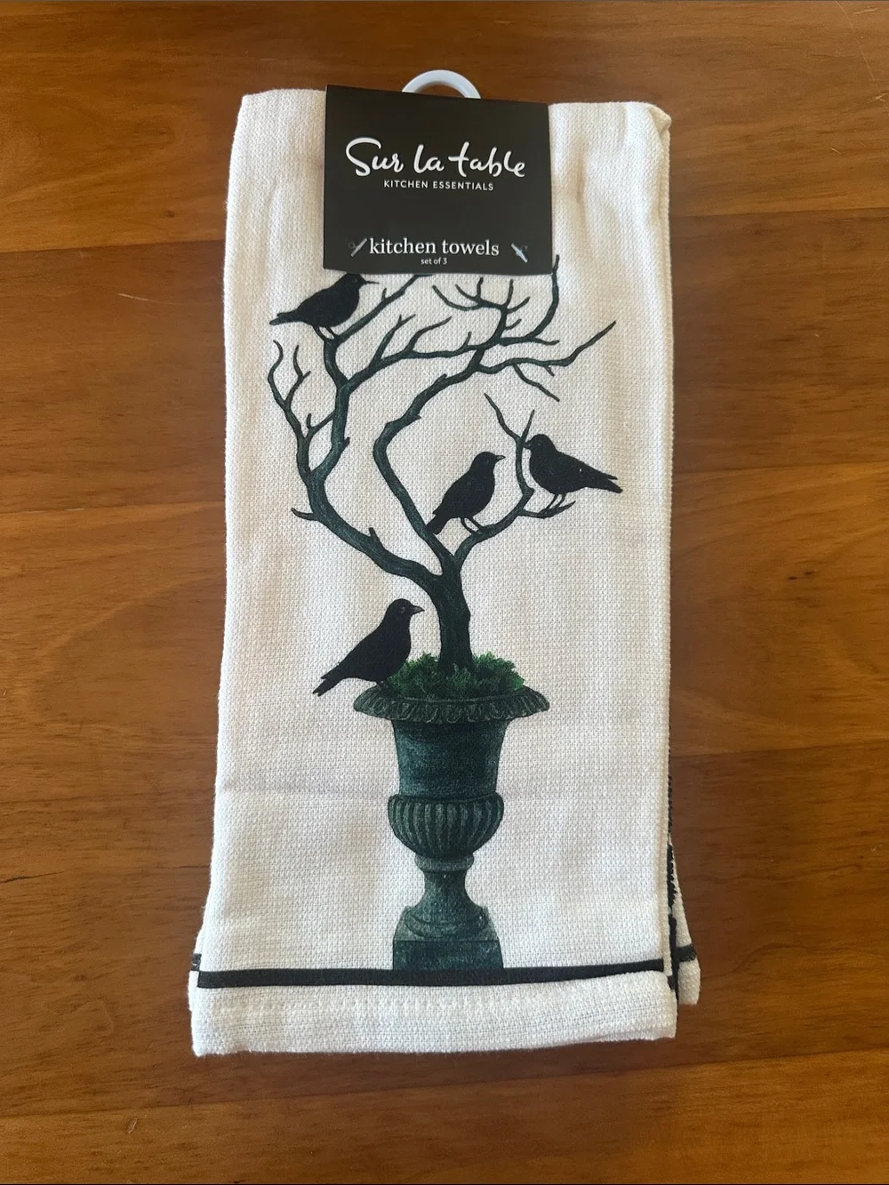 Sur La Table Halloween Cotton Kitchen Towel with Black Bird & Tree Print
