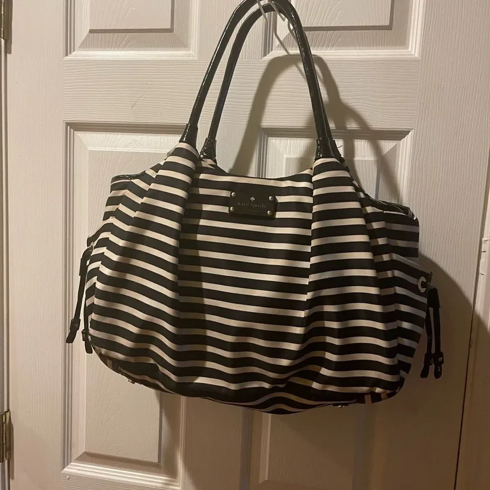 Kate Spafe large black & white striped Nylon diaper bag/travel bag