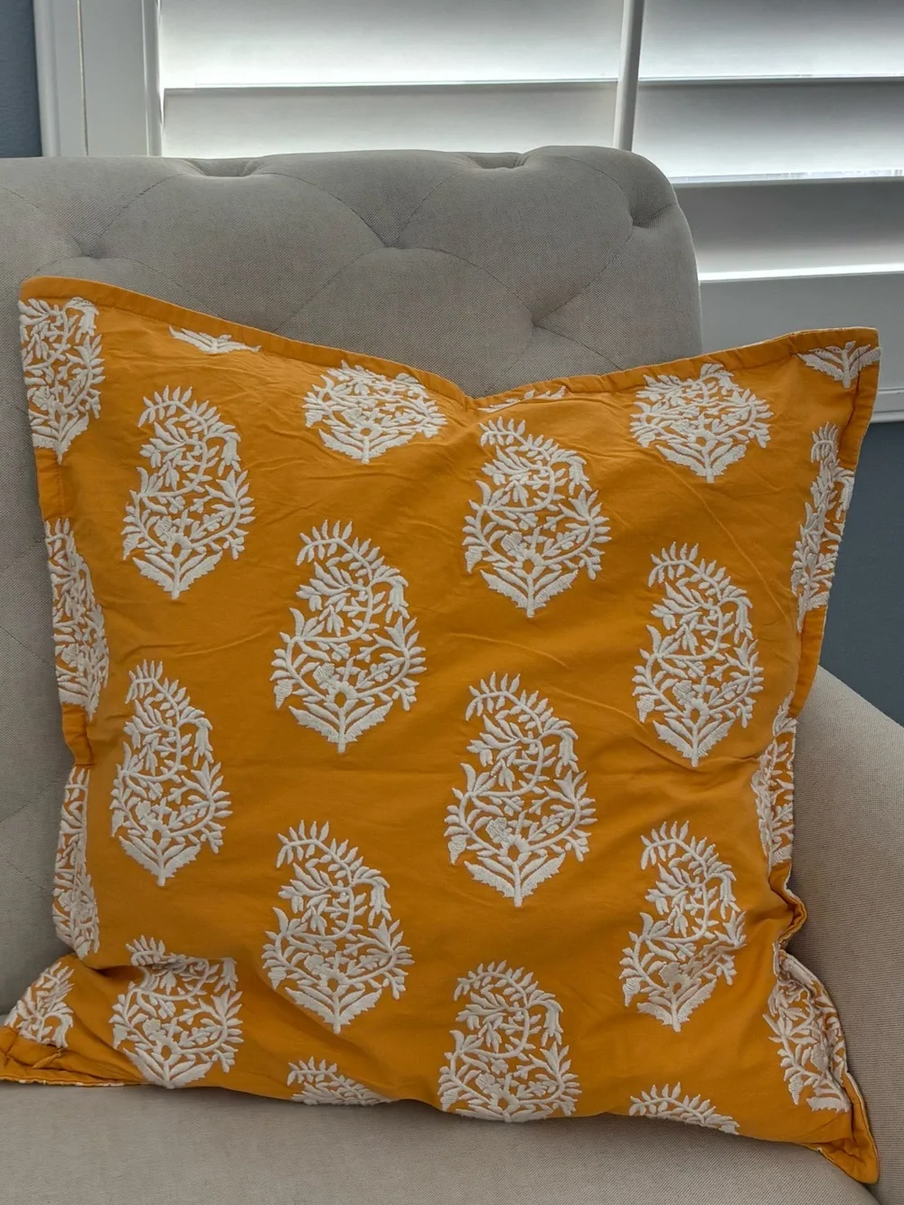 Pottery Barn mustard ikat embroidered pillow cover reversible 20x20