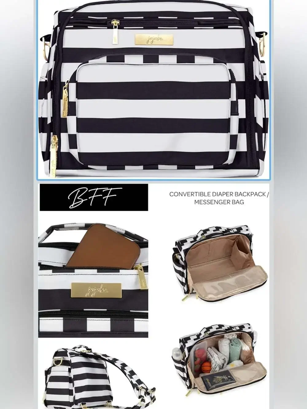 JuJuBe B.F.F. The First Lady Convertible Diaper Bag Black White Gold Luxury Baby