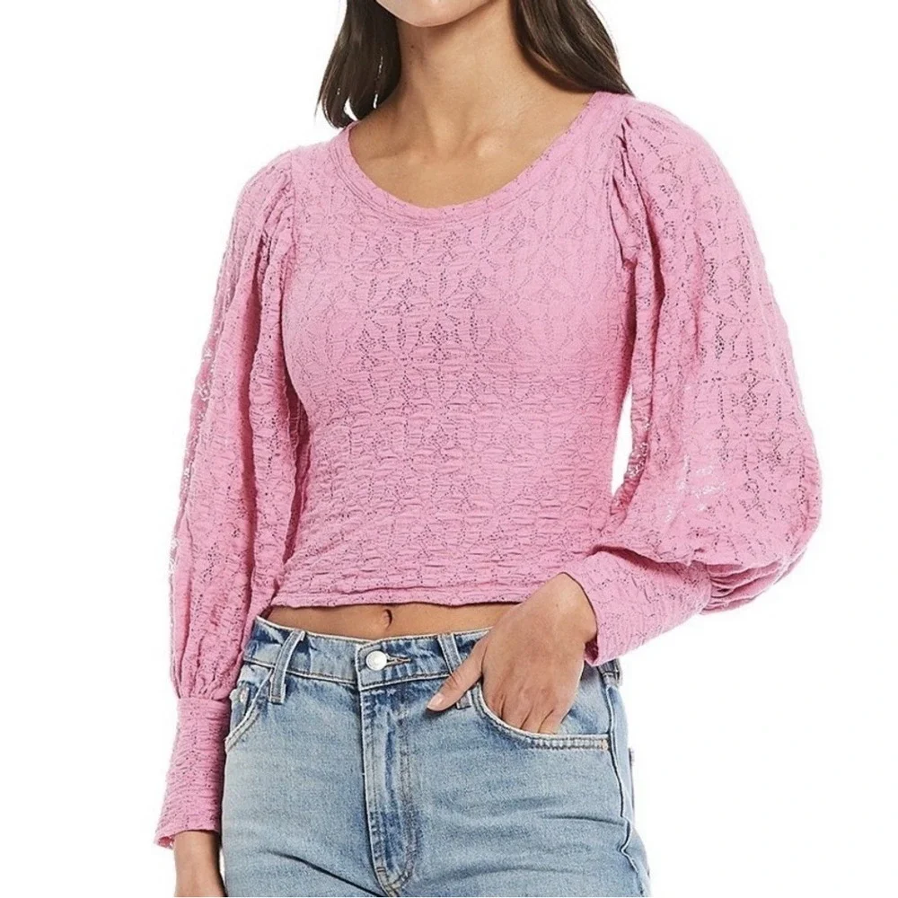 Free People Tea Time Blouse Size Large Pink Lace Open Back Puff Sleeve NWT