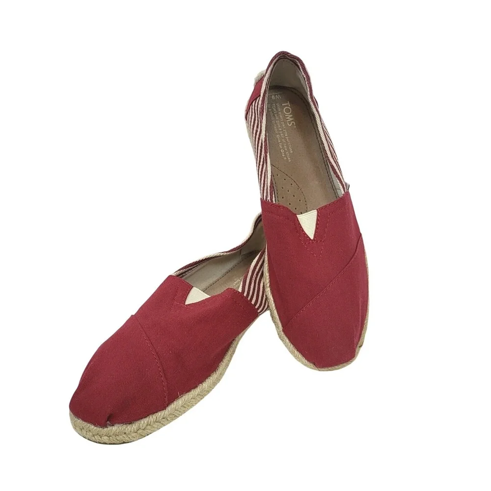 Toms Womens Red White‎ Stripe Slip On Espadrilles Canvas Nautical Shoes 9 Casual