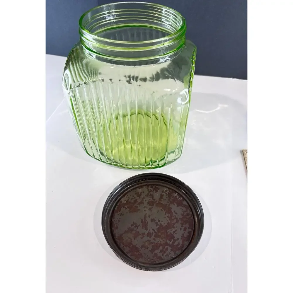 1930s Uranium Vaseline Glass Hoosier Style Canister Jar Ribbed UV Glow Lid