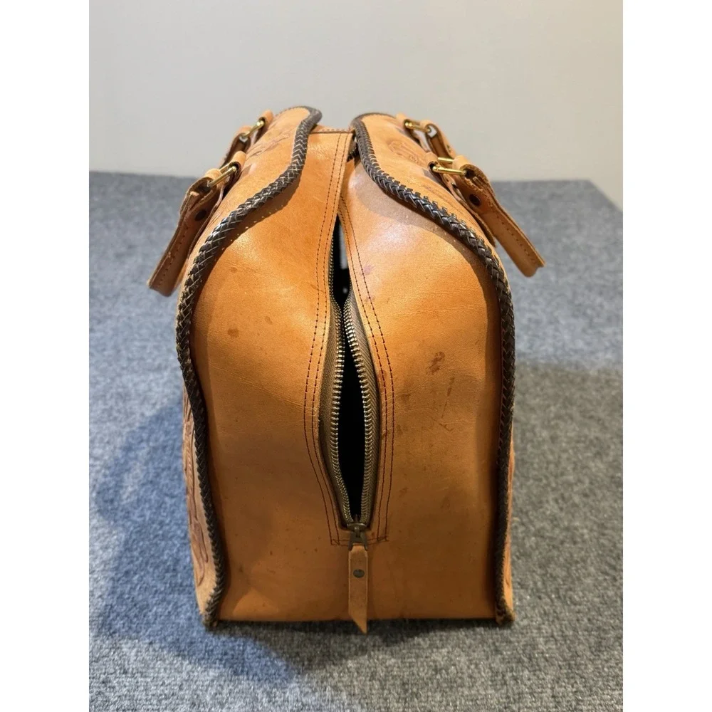 Vintage Hand Tooled Leather Bowling Bag with Metal Ball Holder Murray Engraved