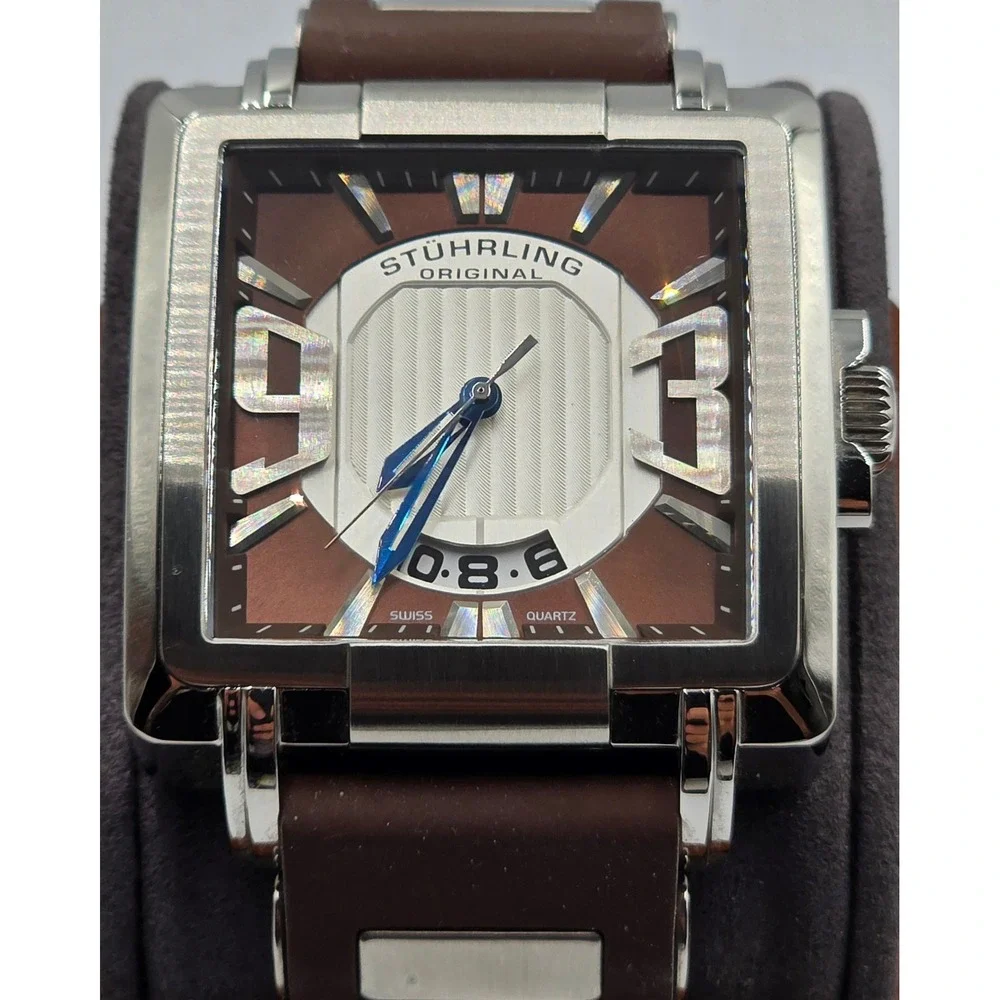Stuhrling Original Men's Swiss Quartz 44mm Square Brown Krysterna Crystal Watch