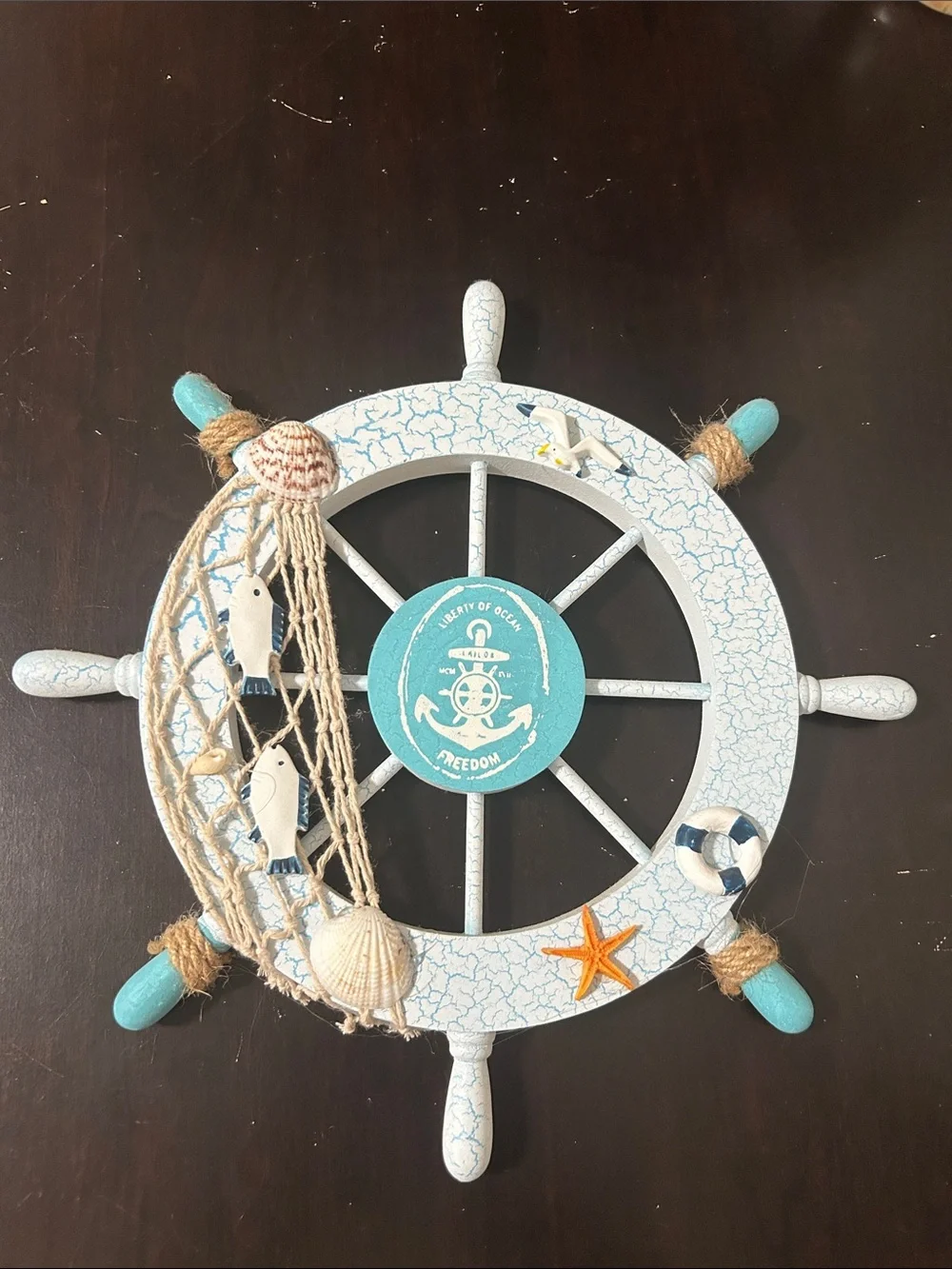 Nautical Ship Wheel Wall Decor in Light Blue and White