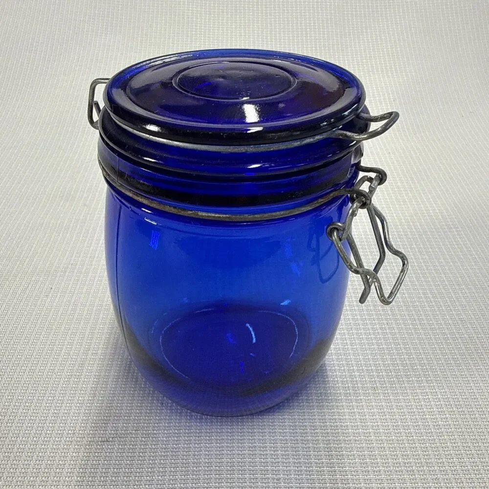 RARE! Vintage Cobalt Blue Glass Storage Jar Wire Bale Gasket Lid 5.75
