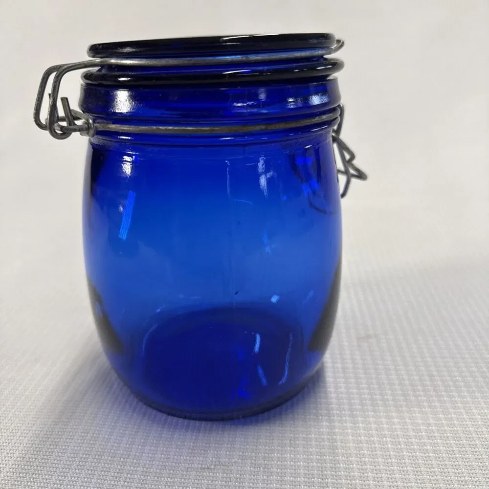 RARE! Vintage Cobalt Blue Glass Storage Jar Wire Bale Gasket Lid 5.75