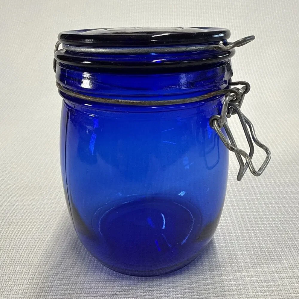 RARE! Vintage Cobalt Blue Glass Storage Jar Wire Bale Gasket Lid 5.75