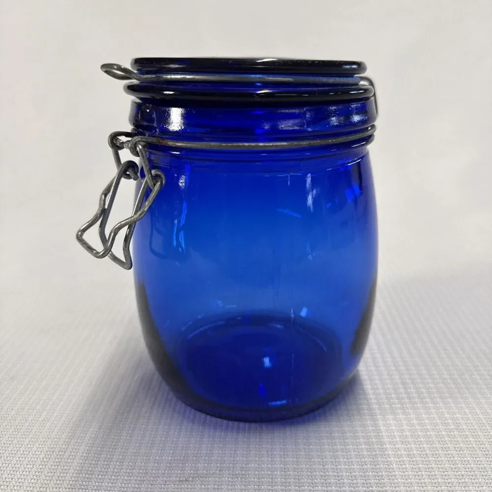 RARE! Vintage Cobalt Blue Glass Storage Jar Wire Bale Gasket Lid 5.75