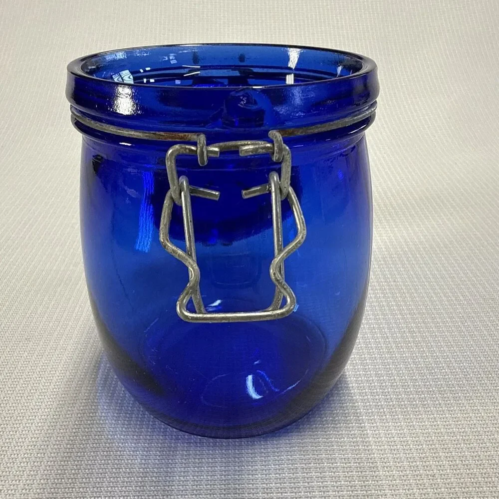 RARE! Vintage Cobalt Blue Glass Storage Jar Wire Bale Gasket Lid 5.75