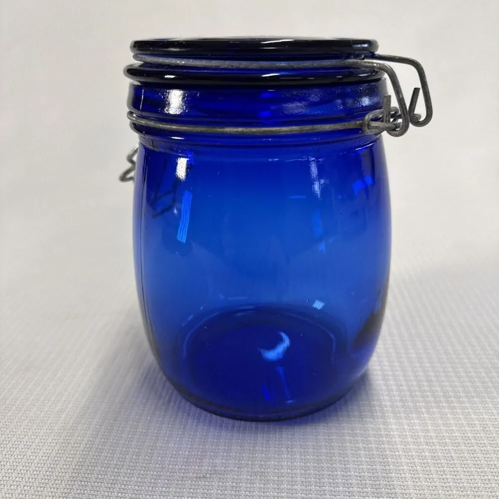 RARE! Vintage Cobalt Blue Glass Storage Jar Wire Bale Gasket Lid 5.75