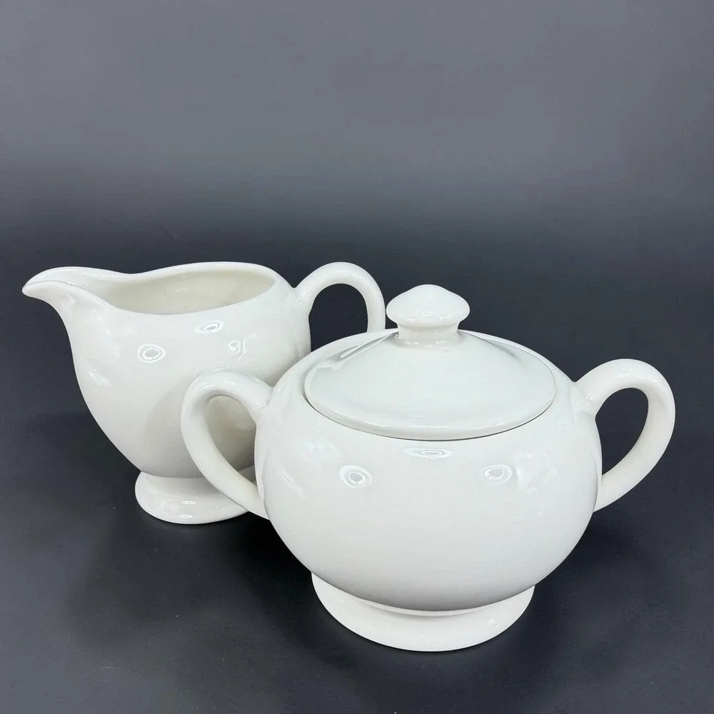 Crate & Barrel White Ceramic Sugar Bowl with‎ Lid and Creamer Set Made in India