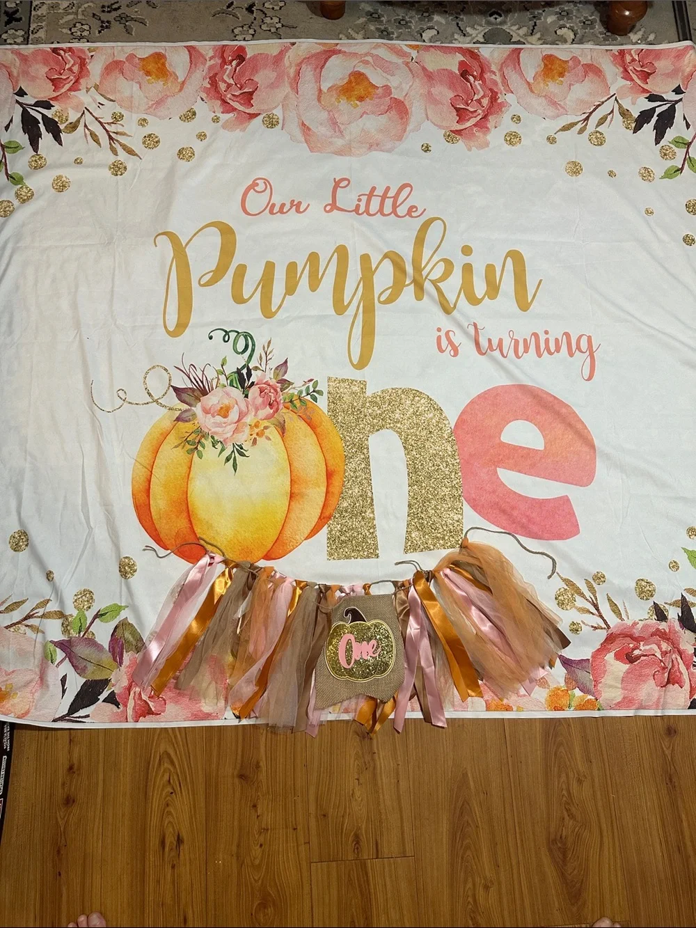 One Little Pumpkin First Birthday Photo Backdrop and high chair tutu