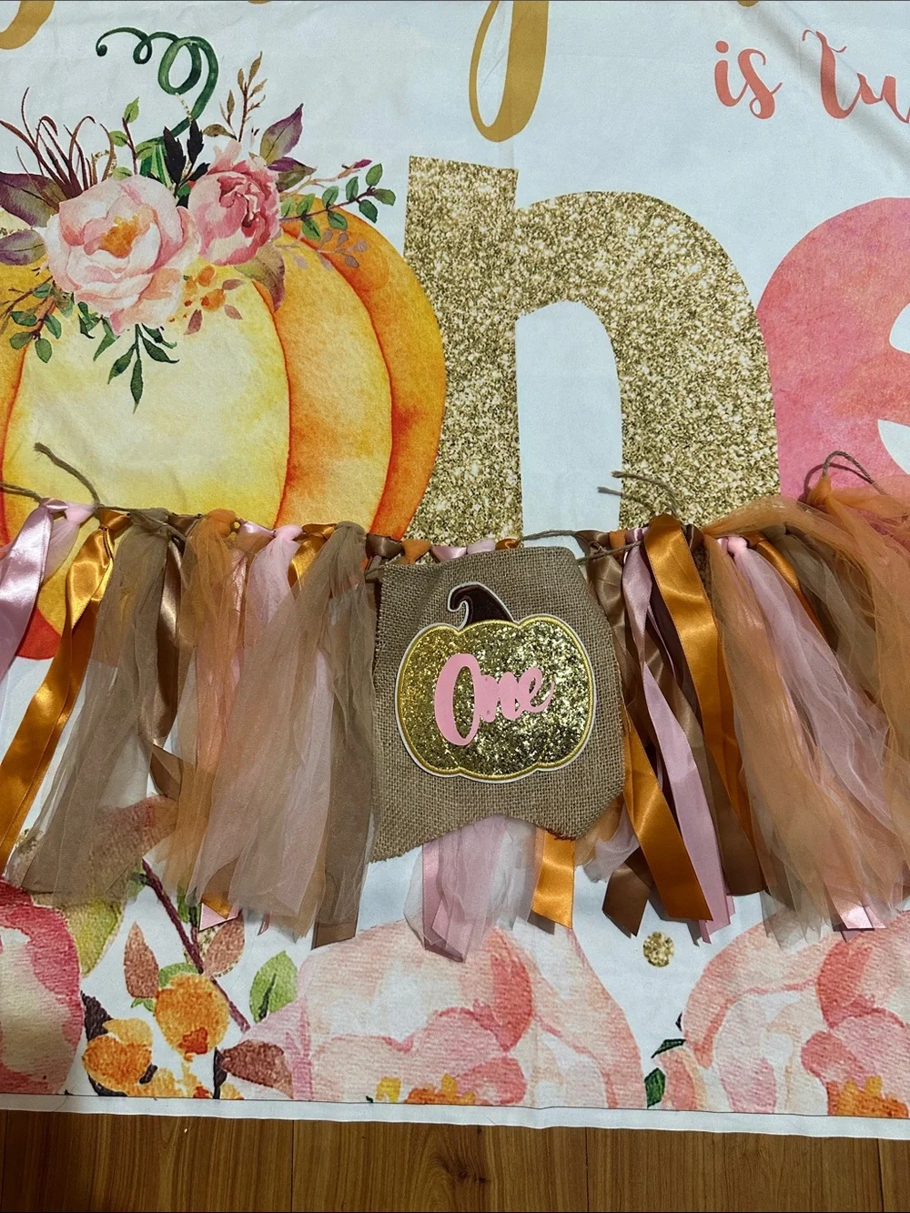 One Little Pumpkin First Birthday Photo Backdrop and high chair tutu