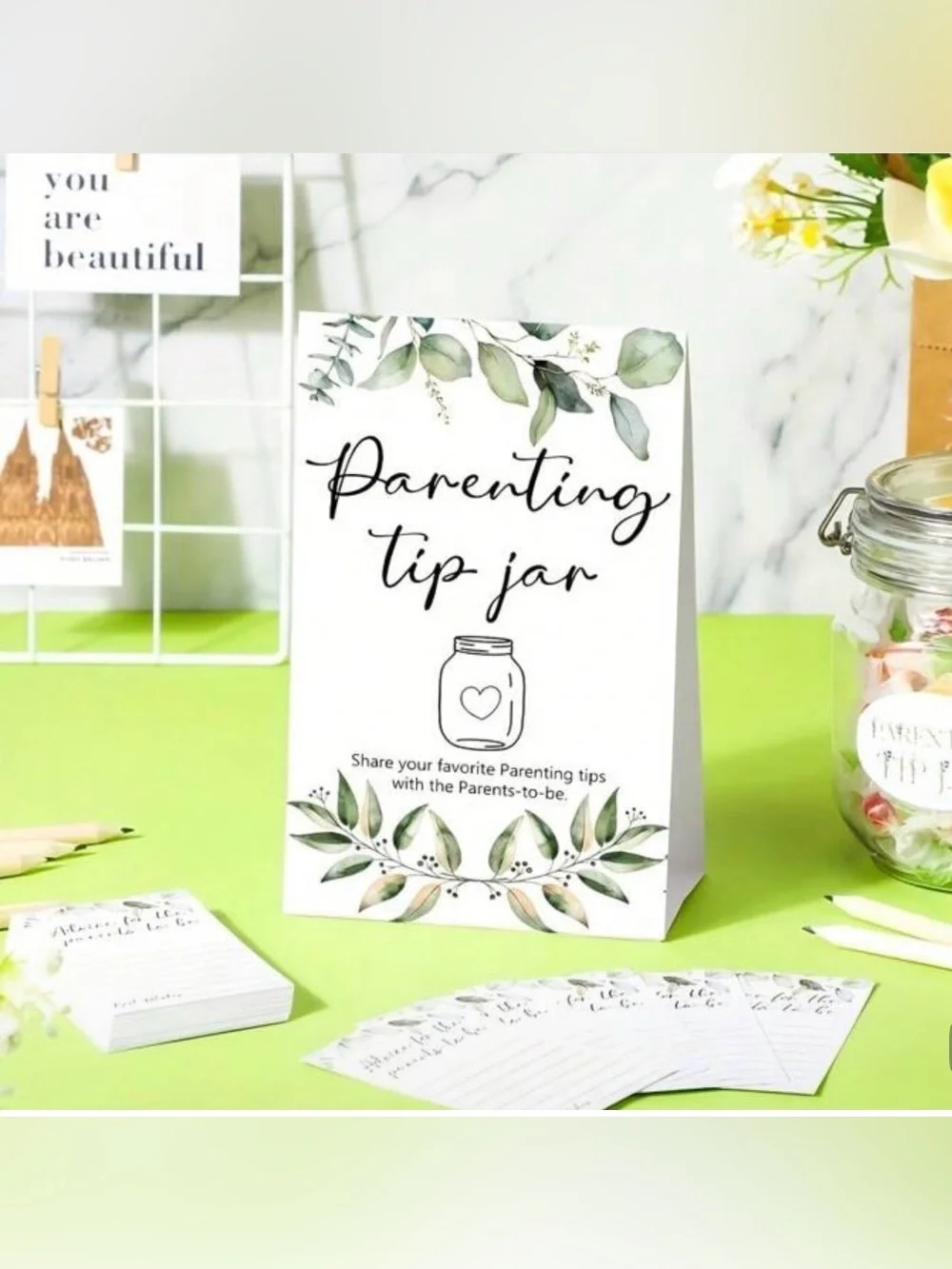 Baby Shower - Parenting Tip Jar Cards and Display -White with Green Accents, NWT